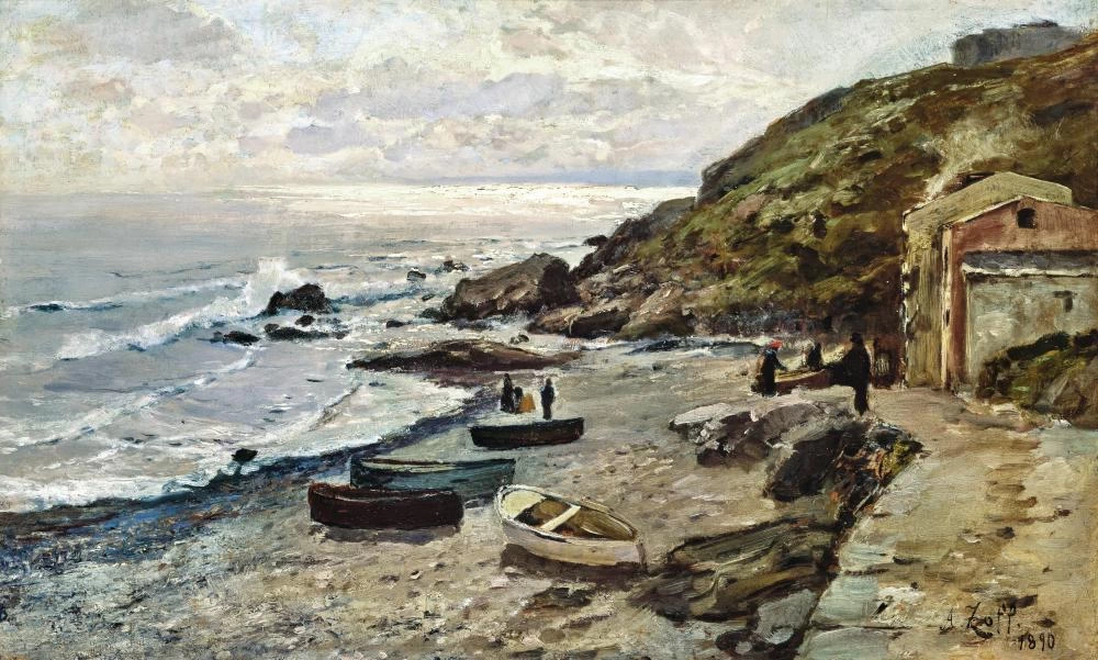 Scena al crepuscolo con pescatori sulla costa